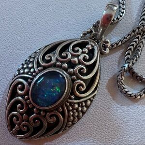 Awesome Bali Style Open Scroll Work Sterling Silver Black Opal Pendant Necklace